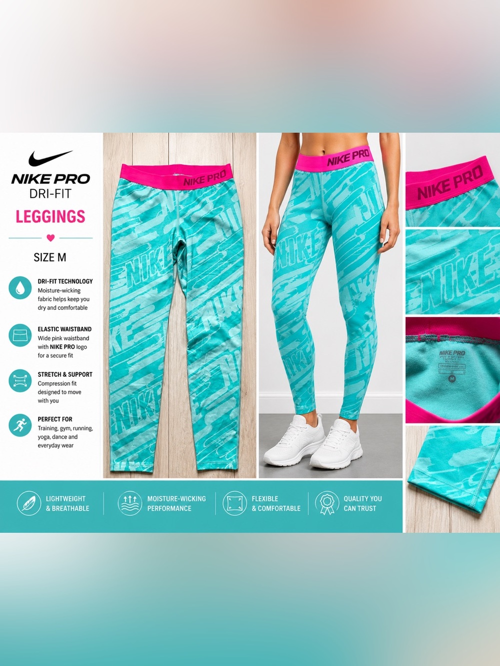 Nike Pro Dri-FIT Leggings Women’s Medium Aqua Turquoise Pink Waistband Athletic